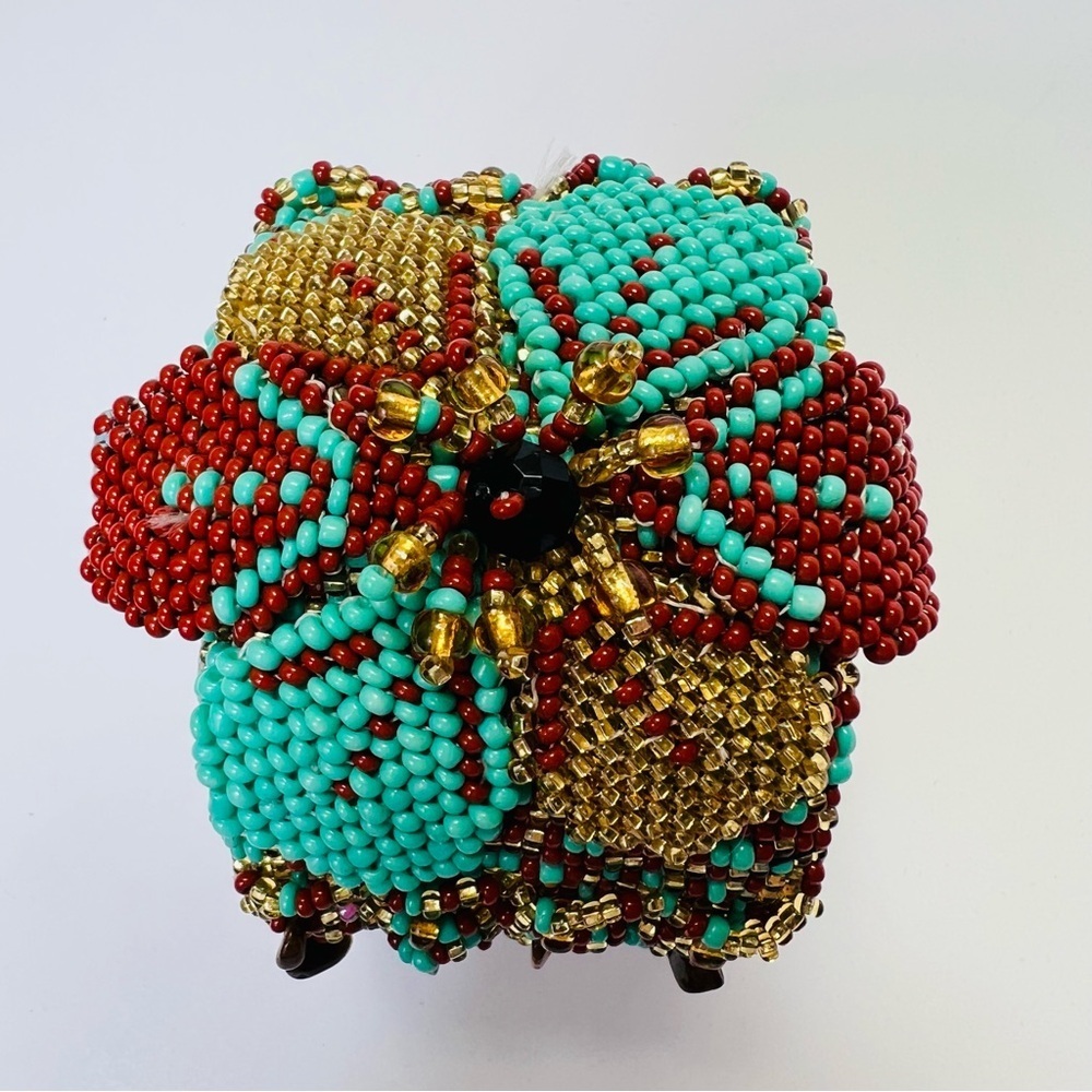 NATIVE AMERICAN SEED BEAD WIDE CUFF BRACELET FLORAL DESIGN TIGER EYE